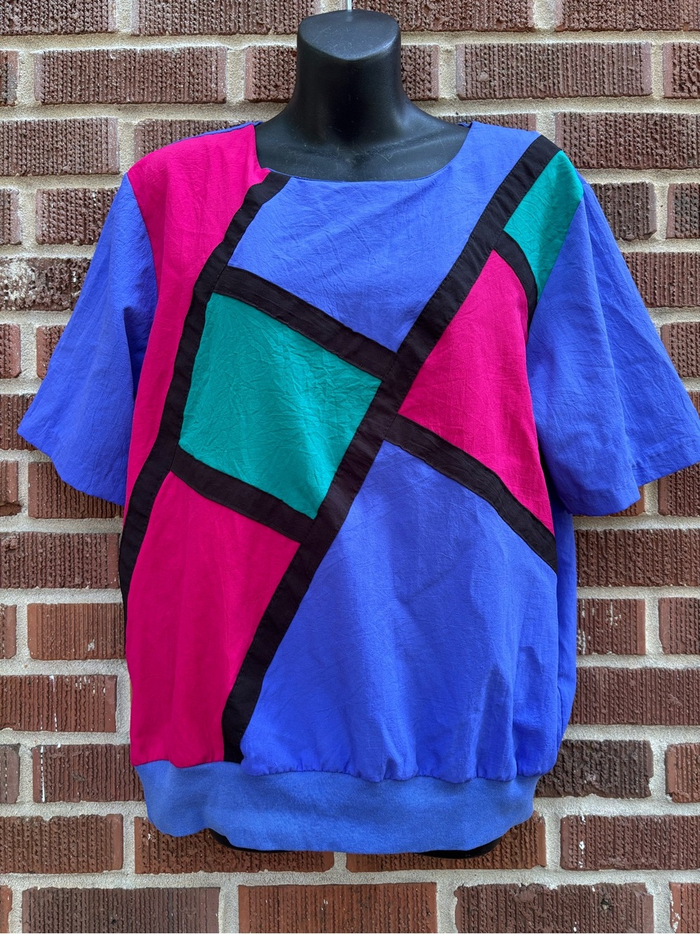 REMO of California Sz L-XL Art Deco Color Block Short sleeve Top USA Retro Nylon